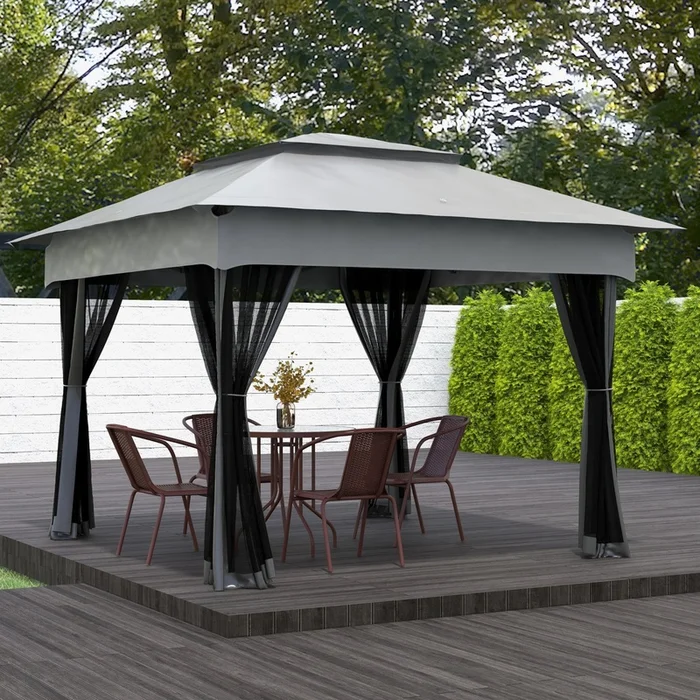 11’x11′ Pop Up Canopy 2-tier Soft Top Gazebo W/ Mesh Netting, Light Grey|Outsunny Gazebo A Toit Souple A 2 Etages Avec Filet, Gris Clair - Image 2