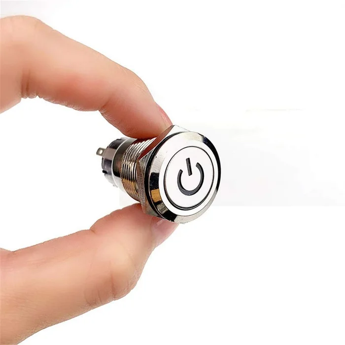 19mm Big Size Waterproof Momentary Type Power Symbol Flat Round Stainless Steel Metal Push Button Switch LED Light (White)