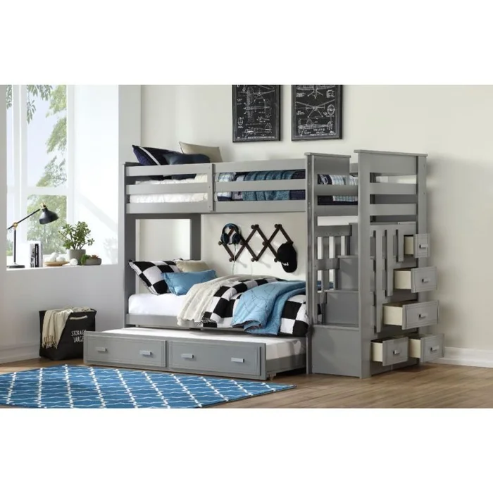 ACME Allentown Twin/Twin Bunk Bed w/Storage Ladder & Trundle in Gray 37870 EST SHIP TIME APPX 4 WEEKS