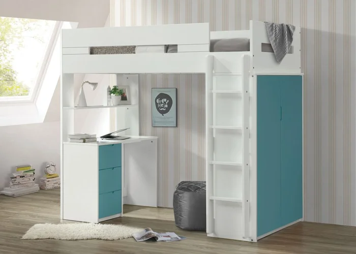 Acme Furniture Nerice Twin Loft Bed in White and Teal 38045 EST SHIP TIME APPX 4 WEEKS