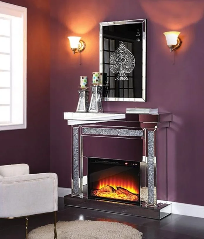 Acme Furniture Noralie Fireplace in Mirrored & Faux Diamonds 90470 EST SHIP TIME APPX 4 WEEKS