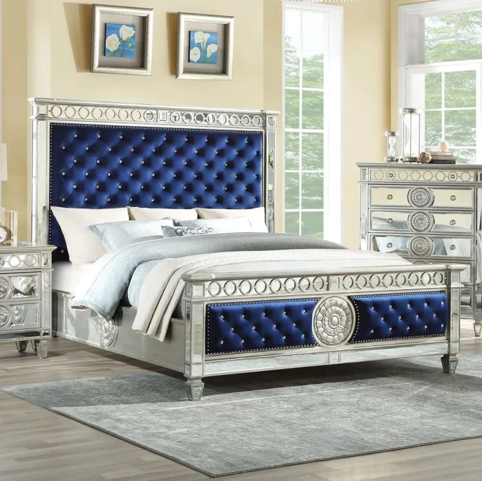 Acme Furniture Varian Queen Crystal Tufted Panel Bed in Blue 26150Q EST SHIP TIME APPX 4 WEEKS
