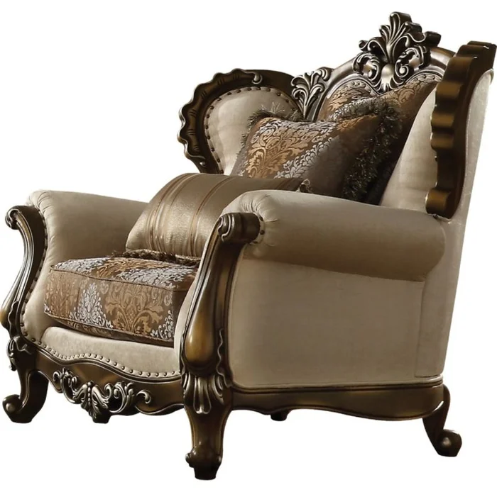 ACME Latisha Arm Chair with Pillows in Tan Pattern Fabric & Antique Oak 52117 EST SHIP TIME APPX 4 WEEKS