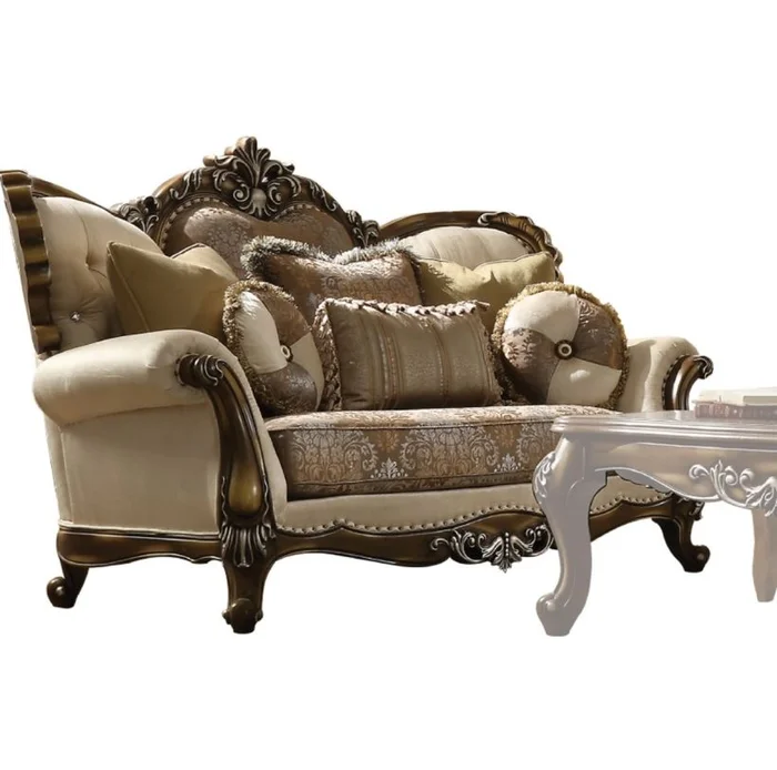 ACME Latisha Loveseat with Pillows in Tan Pattern Fabric & Antique Oak 52116 EST SHIP TIME APPX 4 WEEKS