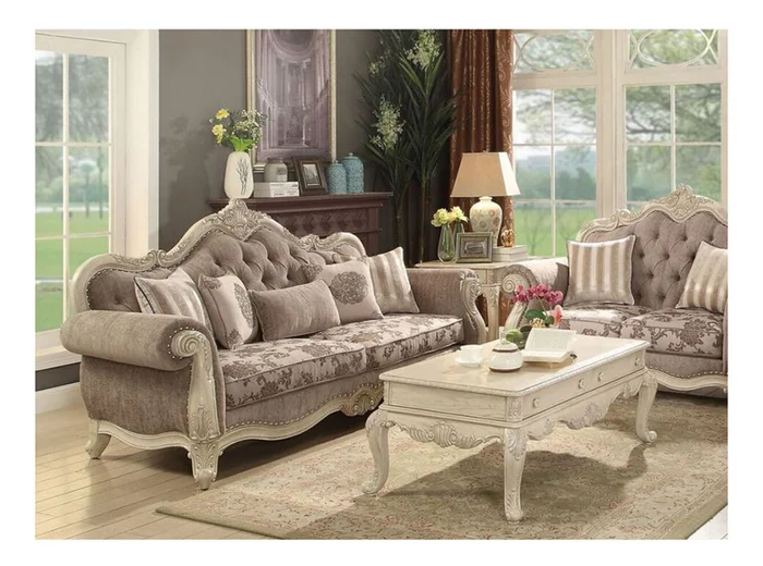Acme Ragenardus Sofa with 5 Pillows in Gray Fabric & Antique White 56020 EST SHIP TIME APPX 4 WEEKS