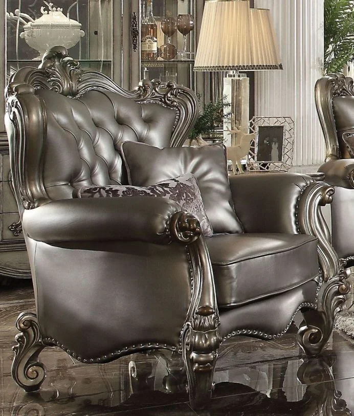 Acme Versailles Chair with 2 Pillows in Silver PU & Antique Platinum 56822 EST SHIP TIME APPX 4 WEEKS