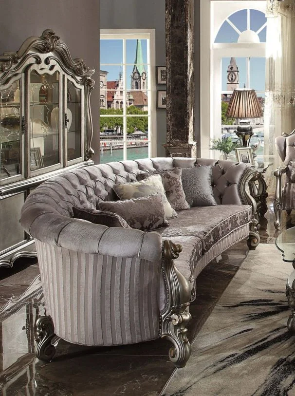 Acme Versailles Crescent Sofa with 5 Pillows in Velvet & Antique Platinum 56845 EST SHIP TIME APPX 4 WEEKS
