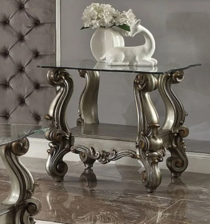 Acme Versailles End Table in Antique Platinum & Clear Glass 86842 EST SHIP TIME APPX 4 WEEKS