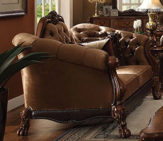 Acme Versailles Loveseat in Golden Brown Velvet & Cherry Oak 52096 EST SHIP TIME APPX 4 WEEKS