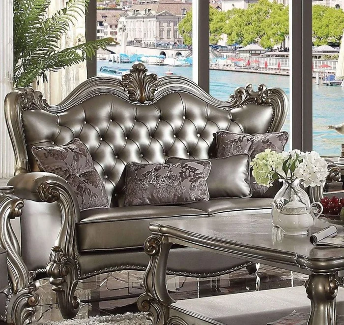 Acme Versailles Loveseat with 4 Pillows in Silver PU & Antique Platinum 56821 EST SHIP TIME APPX 4 WEEKS
