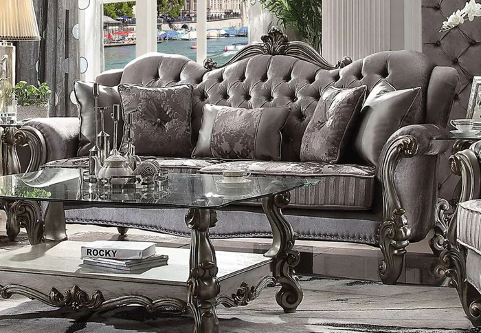 Acme Versailles Sofa with 6 Pillows in Velvet & Antique Platinum 56840 EST SHIP TIME APPX 4 WEEKS