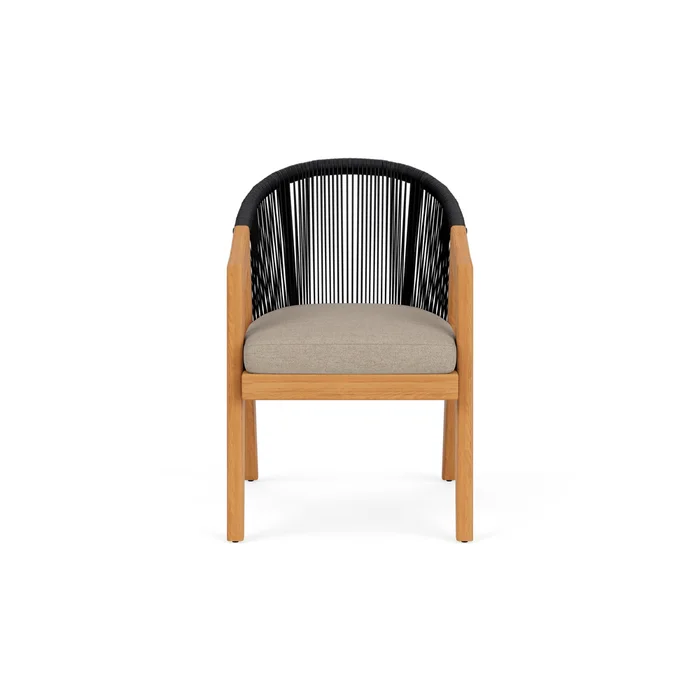 alpine dining armchair in natural teak finish with demo oatmeal fabric grade b