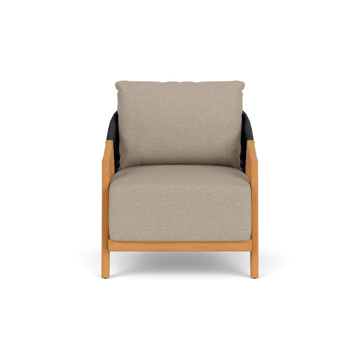 alpine lounge chair in natural teak finish with demo oatmeal fabric grade b