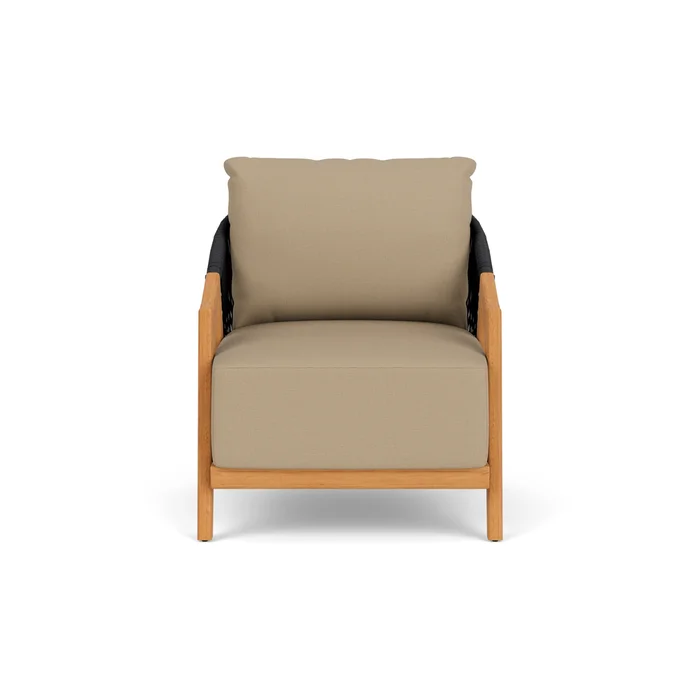 alpine lounge chair in natural teak finish with fife sahara fabric grade b