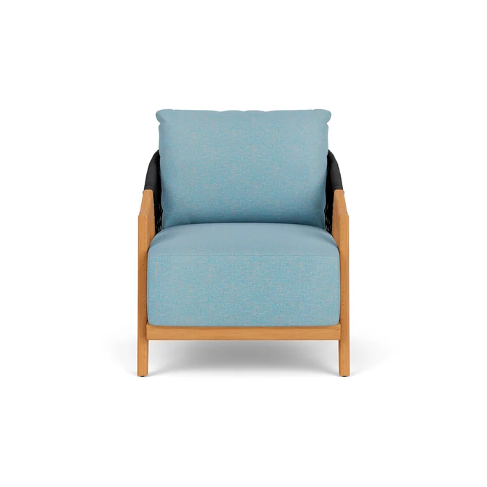 alpine lounge chair in natural teak finish with leeds light blue fabric grade a