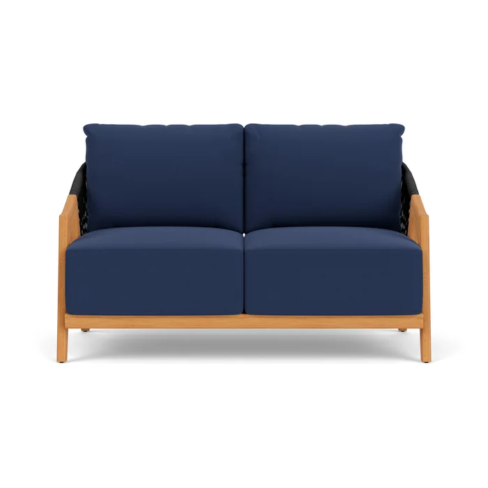 alpine loveseat in natural teak finish with beach navy fabric grade a