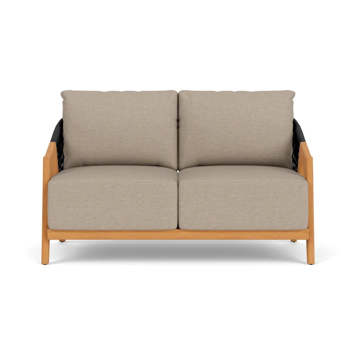 alpine loveseat in natural teak finish with demo oatmeal fabric grade b