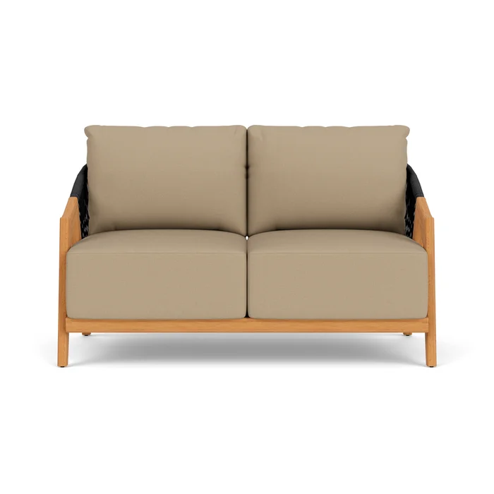 alpine loveseat in natural teak finish with fife sahara fabric grade b