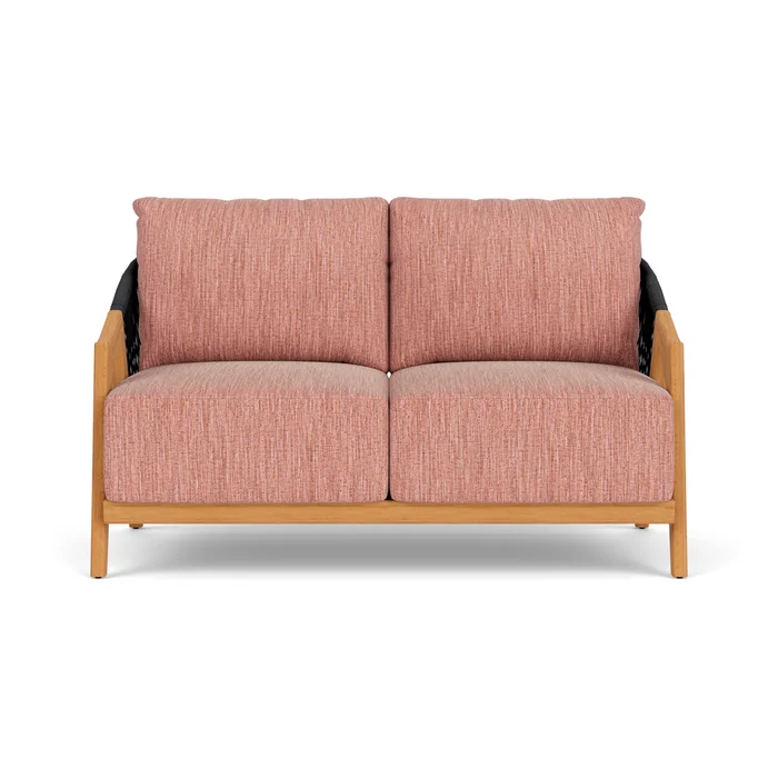 alpine loveseat in natural teak finish with friendly carnival fabric grade b