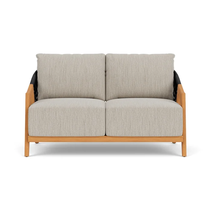 alpine loveseat in natural teak finish with friendly flax fabric grade b