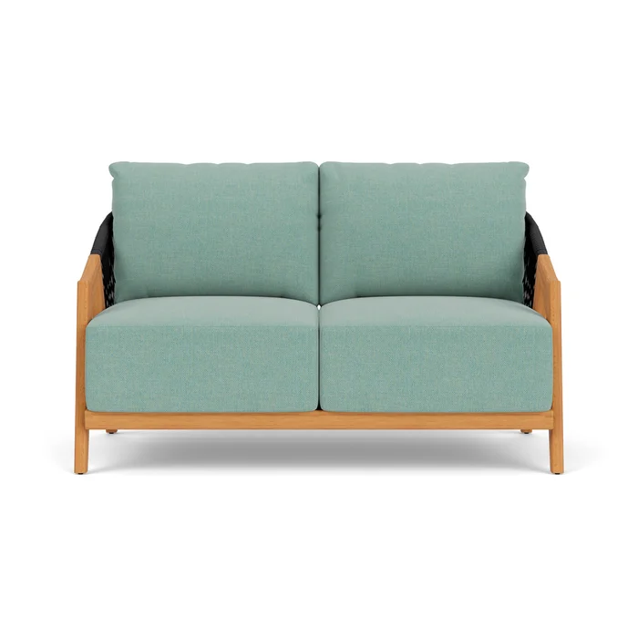 alpine loveseat in natural teak finish with pavian pool fabric grade c