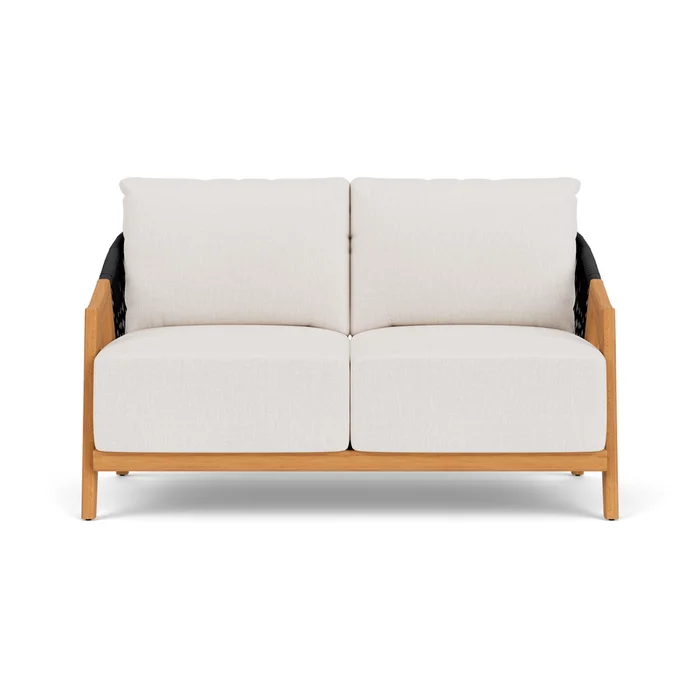 alpine loveseat in natural teak finish with reflections snow fabric grade b