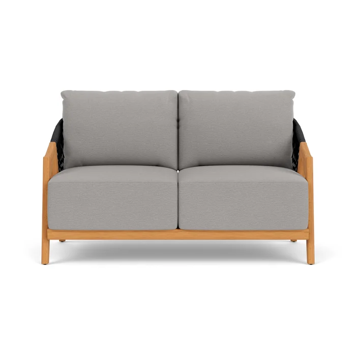 alpine loveseat in natural teak finish with remy shadow fabric grade b