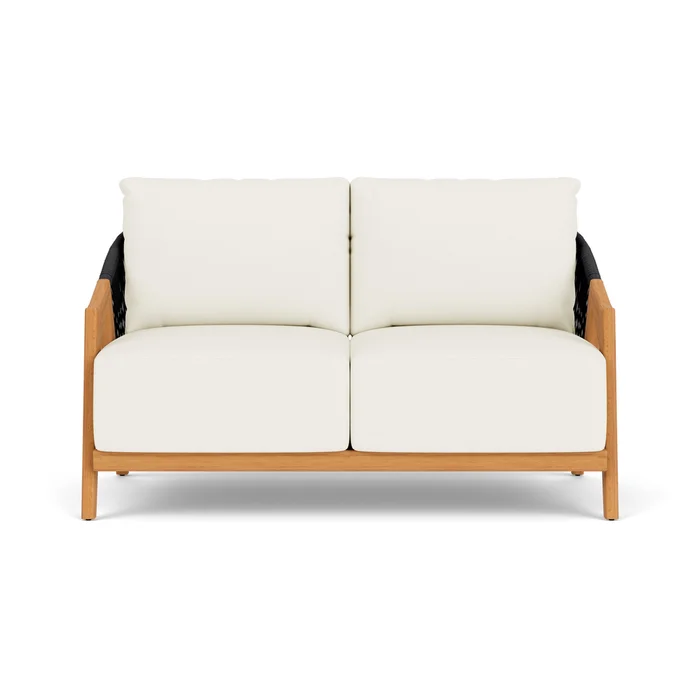 alpine loveseat in natural teak finish with sailcloth salt fabric grade c