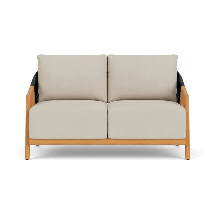 alpine loveseat in natural teak finish with sandberg flax fabric grade b