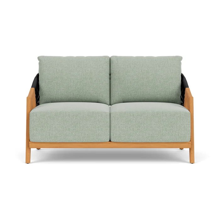 alpine loveseat in natural teak finish with serene spa fabric grade b