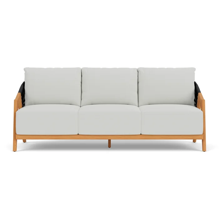alpine sofa in natural teak finish with bright side fog fabric grade a
