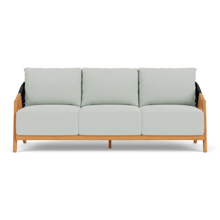 alpine sofa in natural teak finish with callen celadon fabric grade b