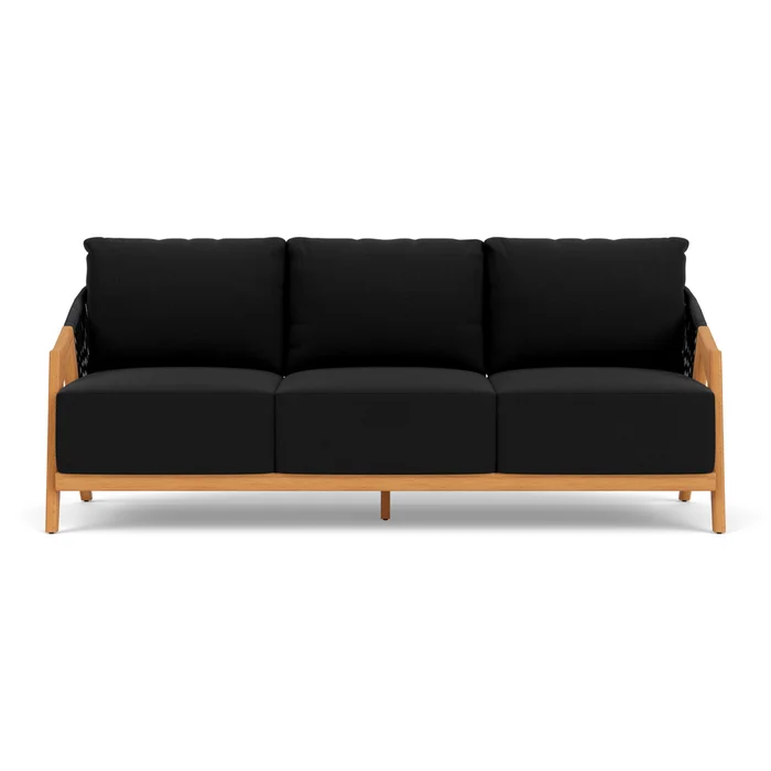 alpine sofa in natural teak finish with canvas black fabric grade a