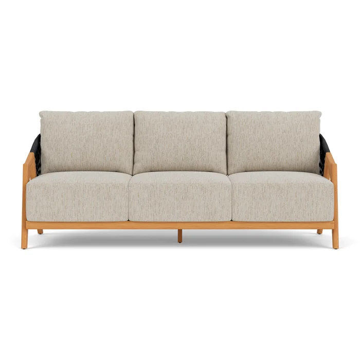 alpine sofa in natural teak finish with charlotte sparrow fabric grade d