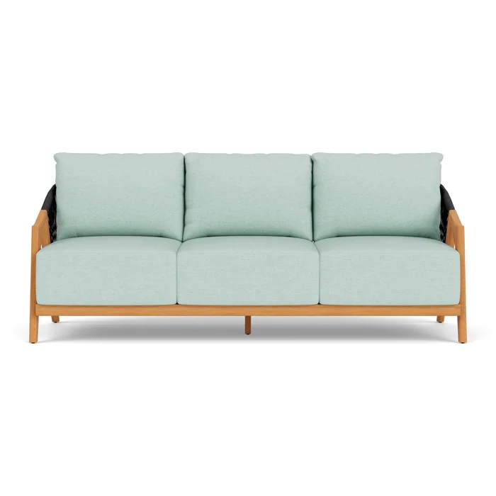 alpine sofa in natural teak finish with demo mist fabric grade b