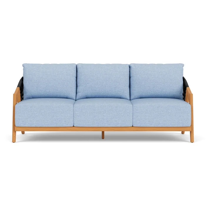 alpine sofa in natural teak finish with demo skyway fabric grade b