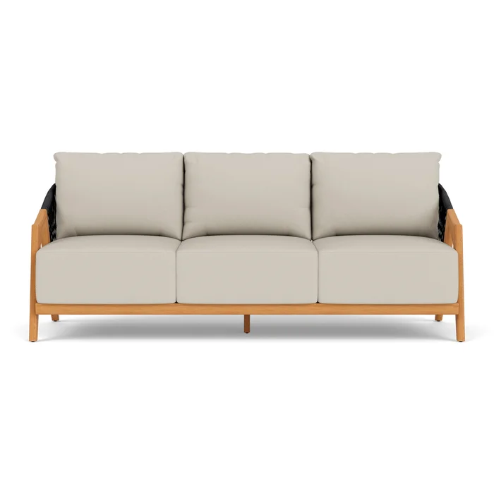 alpine sofa in natural teak finish with fife fog fabric grade b
