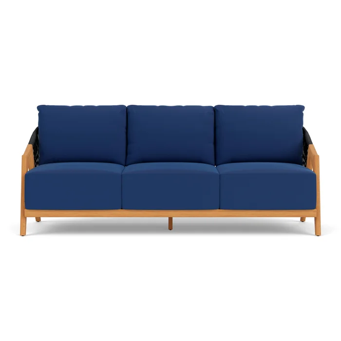 alpine sofa in natural teak finish with flagship lapis fabric grade b
