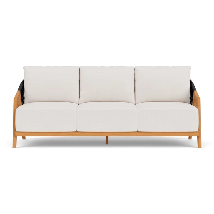 alpine sofa in natural teak finish with reflections snow fabric grade b