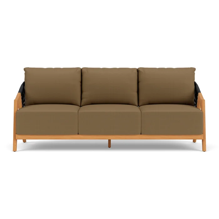 alpine sofa in natural teak finish with reflections straw fabric grade b