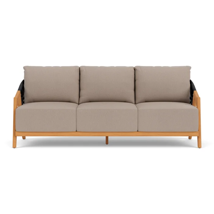 alpine sofa in natural teak finish with remy pebble fabric grade b