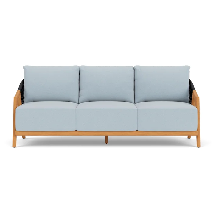 alpine sofa in natural teak finish with unearth dew fabric grade c