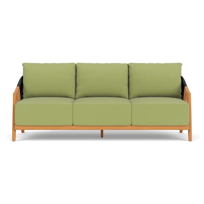 alpine sofa in natural teak finish with unearth spring fabric grade c