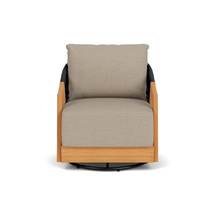 alpine swivel lounge chair in natural teak finish with demo oatmeal fabric grade b