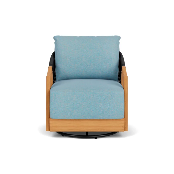 alpine swivel lounge chair in natural teak finish with leeds light blue fabric grade a