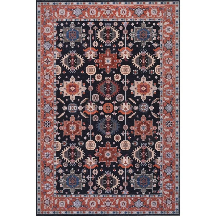Aqua Black Star Washable Non-slip Low Pile Area Rug 5’x7′ | Tapis Etoile Noire Lavable Antiderapant A Poils Ras 5’x7′