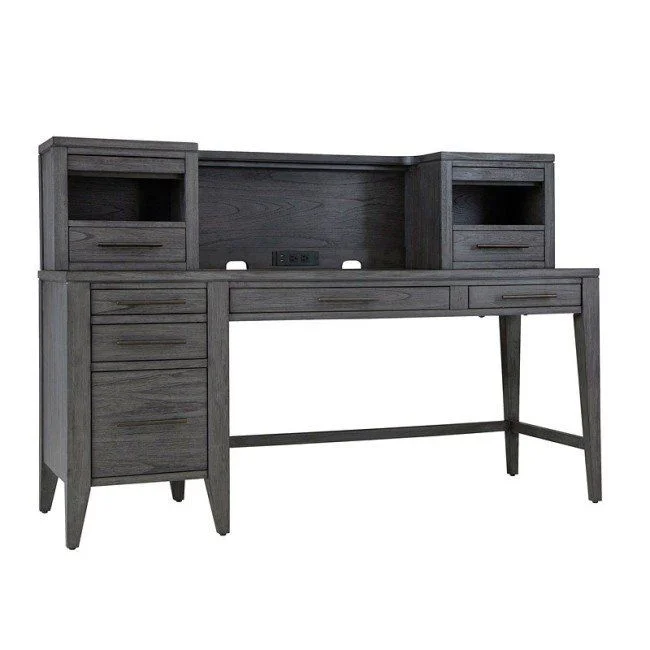 Aspenhome Preston Single Ped Desk & Return with Hutch in Gray