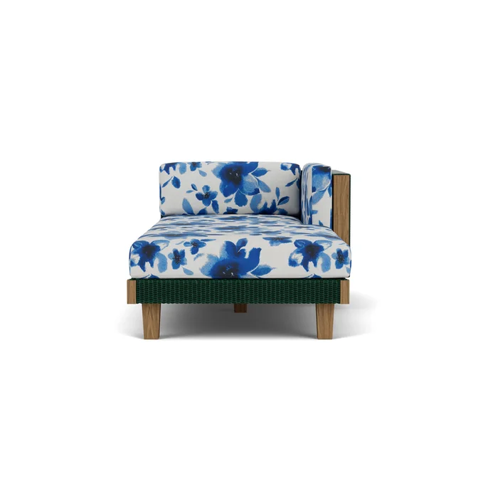 catalina left arm chaise in woodland finish with watercolor blossom capri fabric grade d