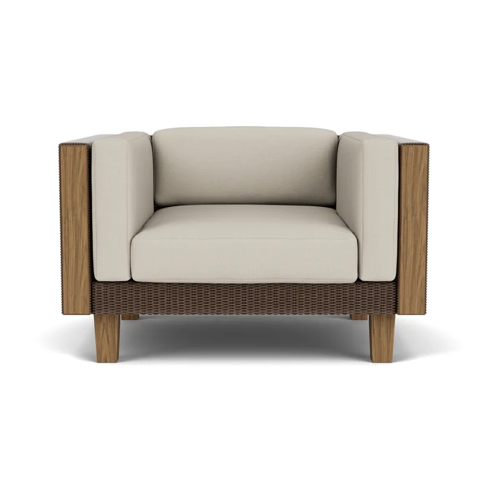 catalina lounge chair in bark finish with fife fog fabric grade b
