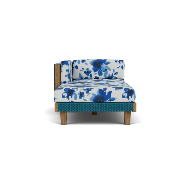 catalina right arm chaise in peacock finish with watercolor blossom capri fabric grade d